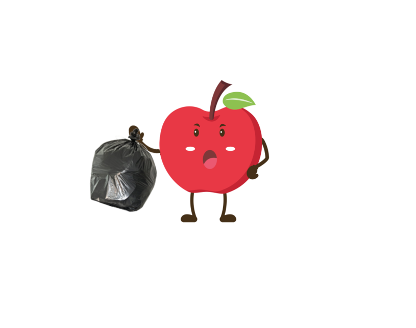 pomme rouge qui tient une poubelle noire